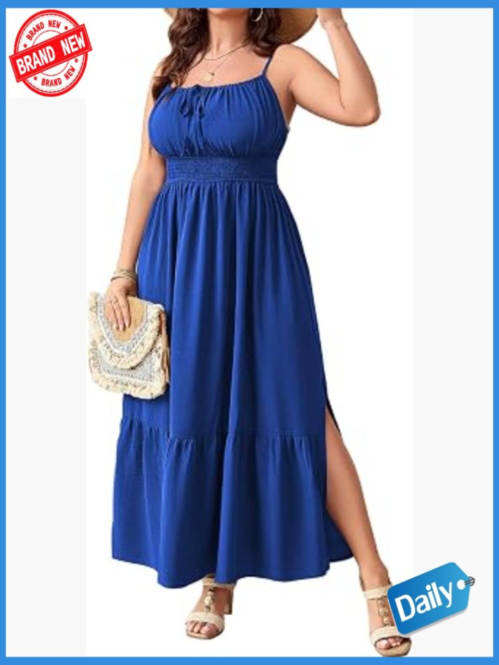 Plus Size Smocked Flowy Maxi Dress Spaghetti Strap Sleeveless Boho Beach